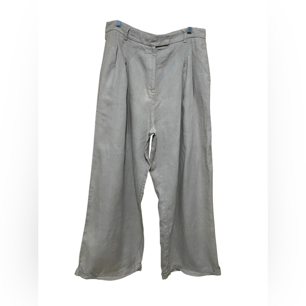 Free People 100% Linen Khaki Cream, Pleated, Wide Leg Cuff Pants Size 10.